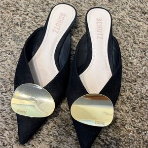 SCHUTZ Black Mules with Gold Accents
